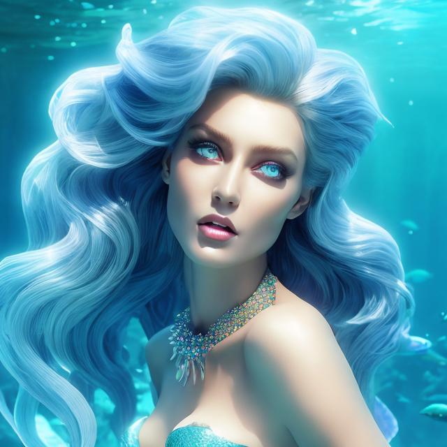 Prompt: HD 4k 3D 8k professional modeling photo hyper realistic beautiful evil woman ethereal greek goddess prophetic sea nymph
ocean blue hair gorgeous face  jewelry crown mermaid tail full body surrounded by ambient glow hd landscape sea sorceress magic underwater grotto of magic
