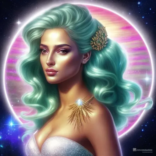 Prompt: HD 4k 3D, hyper realistic, professional modeling, ethereal Greek goddess of dawn, light green ombre hair, brown skin, pink shimmering gown, gorgeous face, sparkling jewelry and headband, full body, ambient glow of dawn, alluring sun goddess in the sky, detailed, elegant, ethereal, mythical, Greek, goddess, surreal lighting, majestic, goddesslike aura