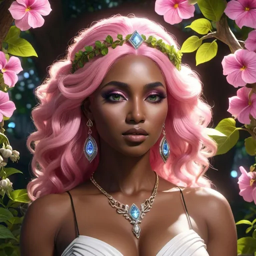 Prompt: HD 4k 3D, 8k, hyper realistic, professional modeling, ethereal Greek Goddess and Laconian Princess, pink hair, black skin, gorgeous glowing face, sorceress gown, diamond and grapevine jewelry and headband, magical seer, Sanctuary of calibrachoa flowers, large walnut tree, surrounded by ambient divinity glow, detailed, elegant, mythical, surreal dramatic lighting, majestic, goddesslike aura