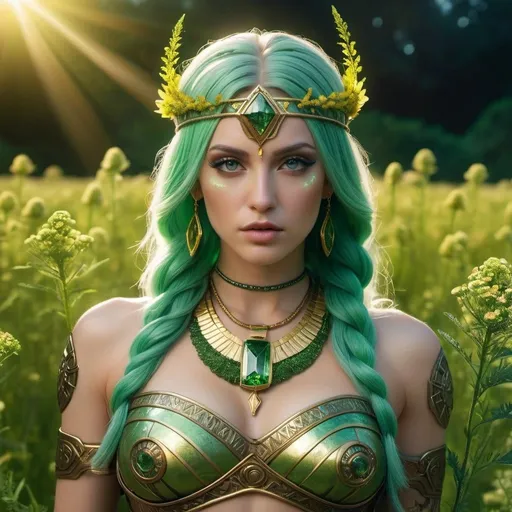 Prompt: HD 4k 3D, 8k, hyper realistic, professional modeling, ethereal Greek Goddess and Amazonian Warrior, green hair, pale skin, gorgeous glowing face, Amazonian Warrior fur armor, sphalerite jewelry and headband, Amazon warrior, tattoos, full body, combative, in a field of yarrow flowers, surrounded by ambient divine glow, detailed, elegant, mythical, surreal dramatic lighting, majestic, goddesslike aura