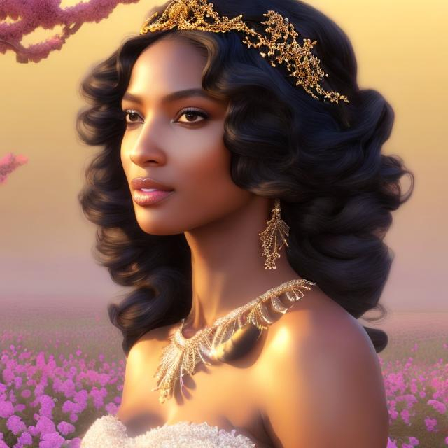 Prompt: HD 4k 3D, hyper realistic, professional modeling, ethereal  Greek goddess of fruit trees, shiny black hair, brown skin, gorgeous face, gorgeous tree dress, shining jewelry and tiara, full body, ambient shining glow, flock of sheep in orchard, landscape, detailed, elegant, ethereal, mythical, Greek, goddess, surreal lighting, majestic, goddesslike aura