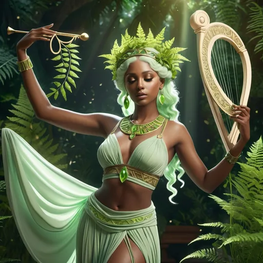 Prompt: HD 4k 3D, hyper realistic, professional modeling, ethereal Greek Muse of Dance, pale green hair, dark skin, gorgeous face, grecian two piece outfit, peridot jewelry and diadem, full body, dancer, playing lyre, surrounded by ferns, delight,  detailed, elegant, ethereal, mythical, Greek, goddess, surreal lighting, majestic, goddesslike aura