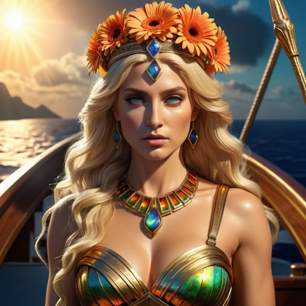 Prompt: HD 4k 3D, 8k, hyper realistic, professional modeling, ethereal Greek Goddess and Queen of the Amazons, blonde hair, fair skin, gorgeous glowing face, Amazonian Warrior, ammolite jewelry and diadem, Amazon warrior on ship at sea, full body, adorned with gerbera flowers, strong, powerful, leader, surrounded by ambient divine glow, detailed, elegant, mythical, surreal dramatic lighting, majestic, goddesslike aura