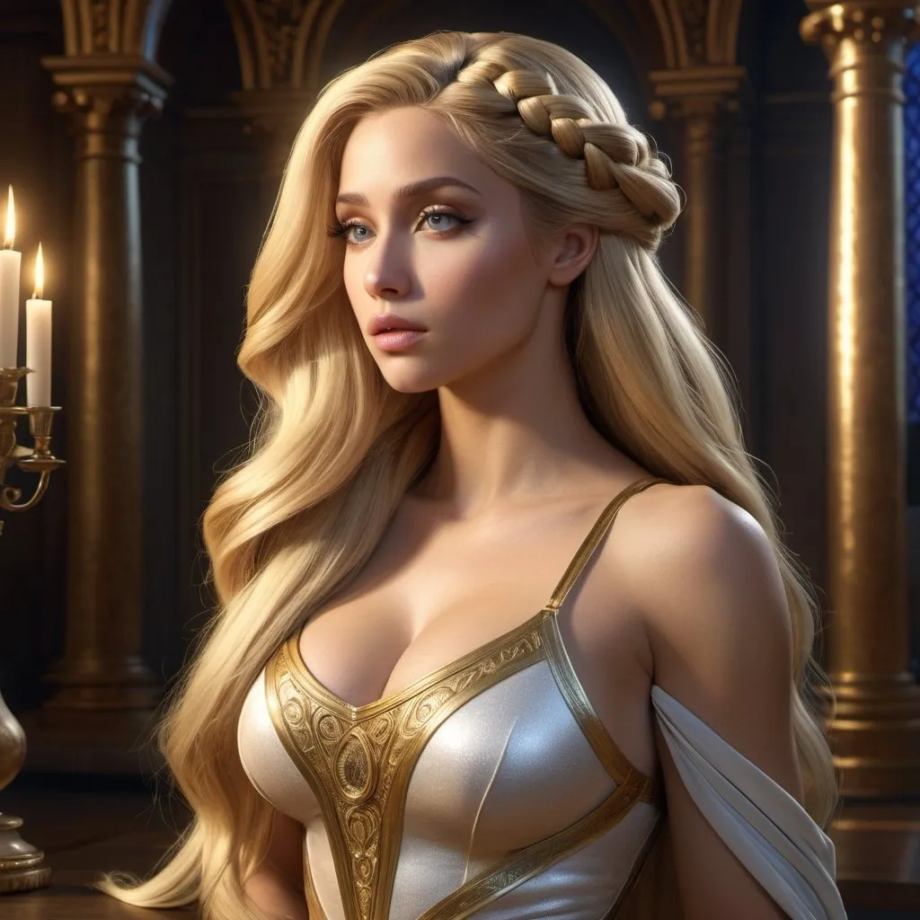 Prompt: HD 4k 3D, hyper realistic, professional modeling, enchanted modern Rapper hip hop style Rapunzel, long blonde hair, beautiful, magical, detailed, highly realistic woman, elegant, ethereal, mythical, Greek goddess, surreal lighting, majestic, goddesslike aura, Annie Leibovitz style 