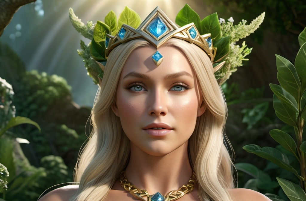 Prompt: Geror Norse Goddess of Earth,  hyper realistic, HD 4k 3D, professional modeling, ethereal, light blonde hair, tan skin, shimmering beauty, gorgeous face, gorgeous jewelry and earth crown, full body, surrounded flora and vegetation, ambient glow, landscape, detailed, elegant, ethereal, mythical, goddess, surreal lighting, majestic, goddesslike aura, Norse Mythology