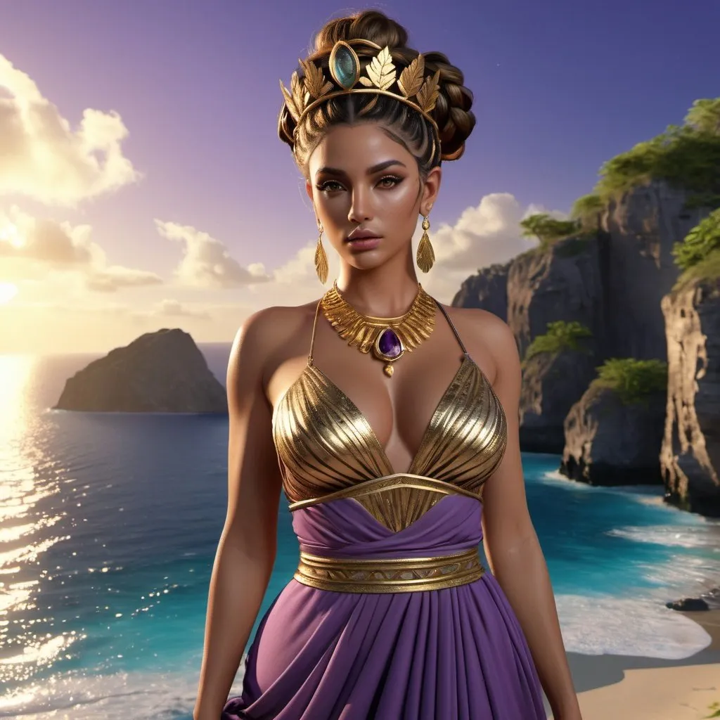 Prompt: HD 4k 3D, hyper realistic, professional modeling, ethereal Greek Goddess Island Nymph, purple messy bun, brown skin, gorgeous face, island dress, tigers eye jewelry and tropical crown, full body, Island nymph, island bluff, surrounded by divine glow, detailed, elegant, ethereal, mythical, Greek, goddess, surreal lighting, majestic, goddesslike aura