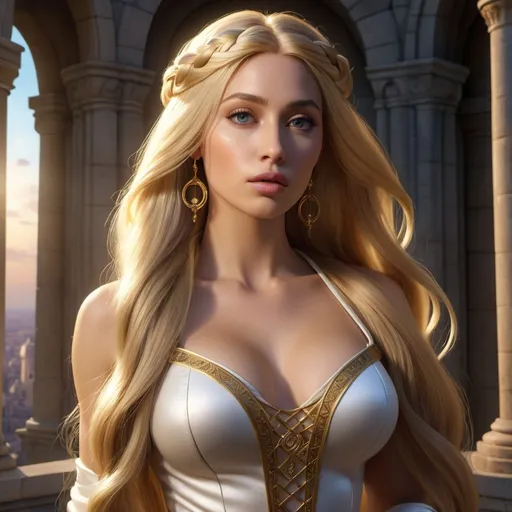 Prompt: HD 4k 3D, hyper realistic, professional modeling, enchanted modern Rapper hip hop style Rapunzel, maiden in tower, long blonde hair, beautiful, magical, detailed, highly realistic woman, elegant, ethereal, mythical, Greek goddess, surreal lighting, majestic, goddesslike aura, Annie Leibovitz style 