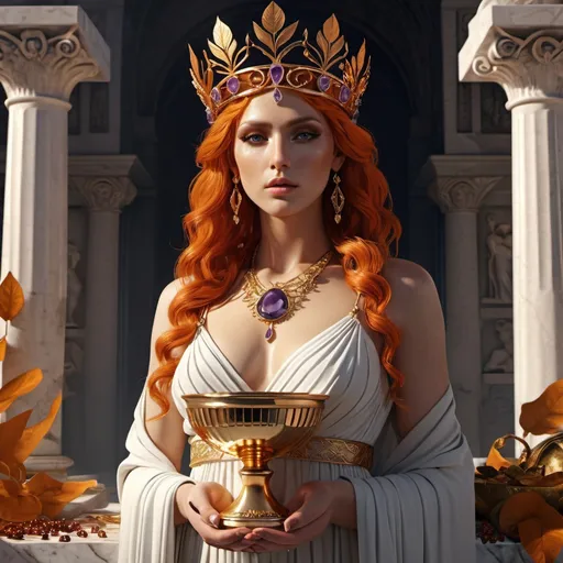 Prompt: HD 4k 3D, hyper realistic, professional modeling, ethereal Greek Muse of Tragedy, bright orange hair, mixed skin, gorgeous face, grecian long sleeved dress, amethyst jewelry and crown of leaves, full body, in mourning, goblet, in tomb, holding dagger, precious jewels,  detailed, elegant, ethereal, mythical, Greek, goddess, surreal lighting, majestic, goddesslike aura