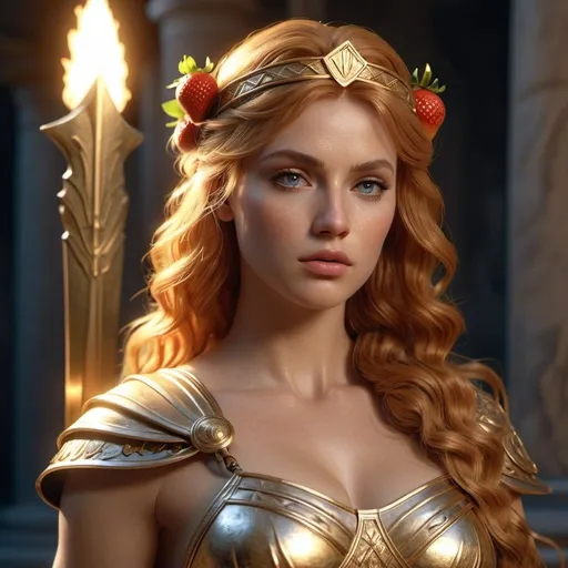 Prompt: HD 4k 3D, hyper realistic, professional modeling, enchanted strawberry blonde Greek Warrior Princess - Gabrielle, strong, beautiful, magical, bard, Rome, detailed, elegant, ethereal, mythical, Greek goddess, surreal lighting, majestic, goddesslike aura