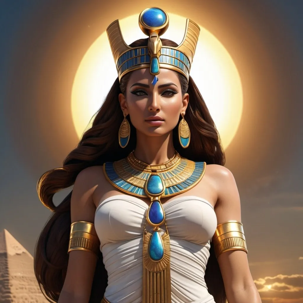 Prompt: HD 4k 3D, 8k, hyper realistic, professional modeling, ethereal Egyptian Queen Goddess Hathor, beautiful, glowing medium skin, brown hair, mythical clothing and jewelry, diadem, Goddess of the Sky, full body, powerful and vengeful, Sun and Sky in background, surrounded by ambient divine glow, detailed, elegant, surreal dramatic lighting, majestic, goddesslike aura