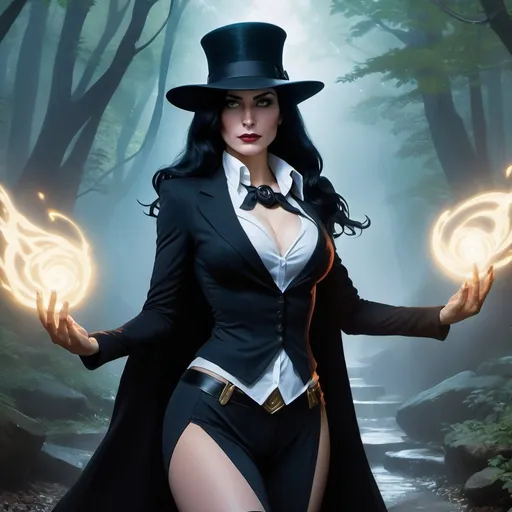 Prompt: 2d studio ghibli anime style, anime scene, 4k 3D 8k professional modeling photo hyper realistic beautiful woman enchanted, Zatanna, Zatanna assumes the mantle of a mystic superhero, wholeheartedly dedicating herself to the quest of thwarting malevolent forces. Zatanna's extensive understanding of magic and her proficiency in wielding its powers have established her as a highly sought-after consultant in matters pertaining to the arcane arts. Zatanna's heritage grants her inherent magical abilities and a profound command over mystical and cosmic forces believed to originate from the ancient depths of the universe. , full body surrounded by ambient glow, magical, highly detailed, intricate, outdoor  landscape, high fantasy background, elegant, mythical, surreal lighting, majestic, goddesslike aura, Annie Leibovitz style  
