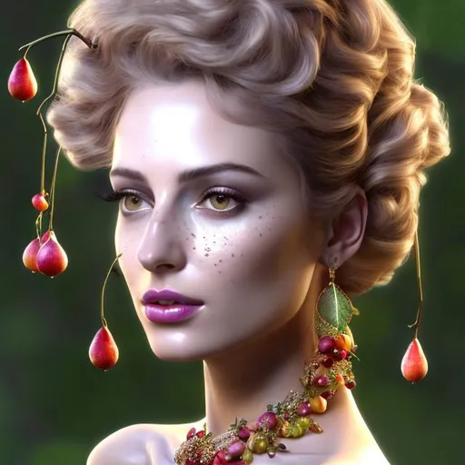 Prompt: HD 4k 3D, hyper realistic, professional modeling, ethereal  Greek goddess of fruit trees, black hair, pale freckled skin, gorgeous face, gorgeous fruit tree dress, tree jewelry and fruit diadem, full body, ambient glow, fruit tree nymph next to river, landscape, detailed, elegant, ethereal, mythical, Greek, goddess, surreal lighting, majestic, goddesslike aura