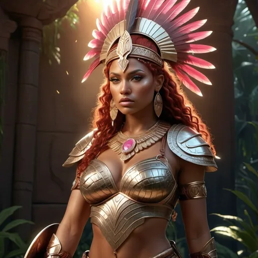 Prompt: HD 4k 3D, 8k, hyper realistic, professional modeling, ethereal Greek Goddess and Amazonian Queen, red hair, brown skin, gorgeous glowing face, Amazonian Warrior scales armor, pink jewelry and headpiece, Amazon warrior, tattoos, full body, sword and shield, african savannah, surrounded by ambient divine glow, detailed, elegant, mythical, surreal dramatic lighting, majestic, goddesslike aura