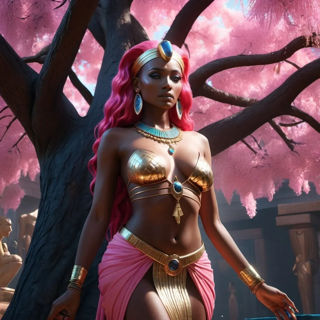 Prompt: HD 4k 3D, 8k, hyper realistic, professional modeling, ethereal Egyptian Underworld Goddess Imentet, beautiful, glowing black skin, pink hair, mythical red dress clothing and jewelry, tiara, goddess of the West, full body, living in a tree in paradise, birds of prey, Fantasy setting, surrounded by ambient divine glow, detailed, elegant, surreal dramatic lighting, majestic, goddesslike aura, octane render