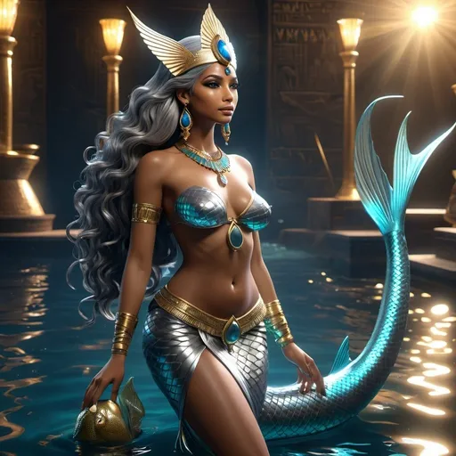 Prompt: HD 4k 3D, 8k, hyper realistic, professional modeling, ethereal Egyptian Fish Goddess Hatmehit, beautiful, glowing brown skin, silver hair, mythical mermaid tail and jewelry, crown, Fish mermaid goddess, full body, swimming in the Nile river, Fantasy setting, surrounded by ambient divine glow, detailed, elegant, surreal dramatic lighting, majestic, goddesslike aura, octane render