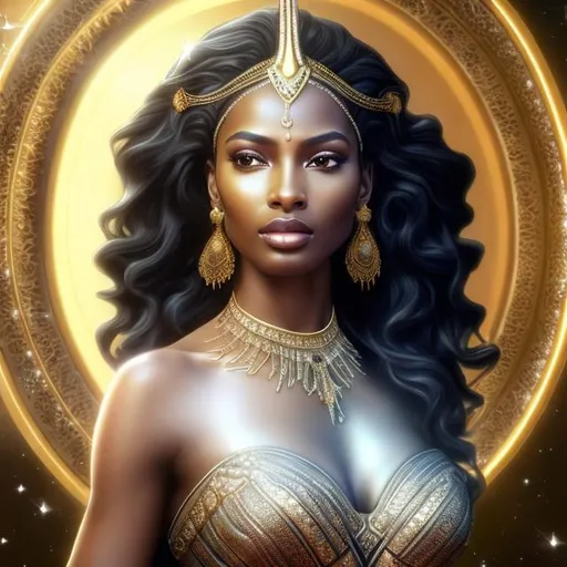 Prompt: HD 4k 3D, hyper realistic, professional modeling, ethereal Greek goddess, silver hair, black skin, glorious gold gown, gorgeous face, shining jewelry and tiara, full body, ambient glow, glorious cosmic light, beautiful bright sun goddess, powerful, detailed, elegant, ethereal, mythical, Greek, goddess, surreal lighting, majestic, goddesslike aura