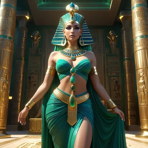 Prompt: HD 4k 3D, 8k, hyper realistic, professional modeling, ethereal Egyptian Goddess style, Cobra Goddess, beautiful, luxurious temple with gemstones, treasure, and cobras, glowing pale skin, green hair, mythical blue and green feathered gown, diadem, full body, Fantasy setting, surrounded by ambient divine glow, detailed, elegant, surreal dramatic lighting, majestic, goddesslike aura, octane render, artistic and whimsical