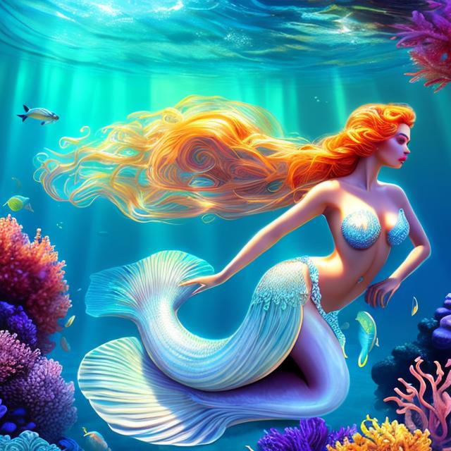 Prompt: HD 4k 3D 8k professional modeling photo hyper realistic beautiful woman ethereal greek goddess Asian sea nymph Oceanid
red hair pale skin gorgeous face ocean jewelry sea headband colored mermaid tail full body surrounded by ambient glow hd landscape under the pacific ocean mermaid 

