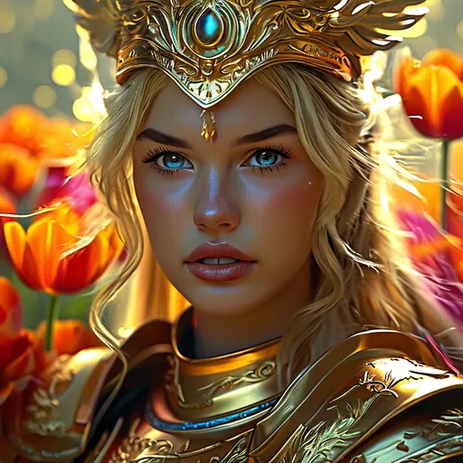 Prompt: Lua, golden haired Roman Warrior Goddess of weapons, pre-Raphaelite time-lapse motion blur Abstract* cyber graffiti, High resolution, detailed portrait, Midjourney style, ethereal atmosphere, flowing hair, captivating eyes, cosmic mystical aura, vibrant colors, soft lighting, professional, digital painting, enchanting presence, fantasy, dreamy, female, mystical, detailed hair, captivating gaze, professional lighting, hyper realistic, HD 4k 3D, professional modeling, ethereal, gorgeous face, ambient divine glow, detailed and intricate, elegant, ethereal, mythical, goddess, radiant lighting, gladiolus flowers, fiery battlefield, weapon