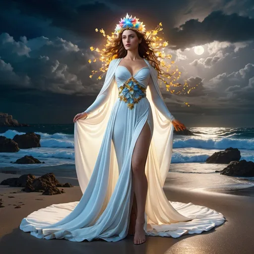 Prompt: HD 4k 3D 8k professional modeling photo hyper realistic beautiful woman enchanted white-magic Tempest Princess Miranda, ethereal greek goddess, full body surrounded by ambient glow, magical, highly detailed, intricate, Italy, blossoming colorful flowers on beach near stormy sea, starry night, witch, outdoor landscape, highly realistic woman, high fantasy background, elegant, mythical, surreal lighting, majestic, goddesslike aura, Annie Leibovitz style 

