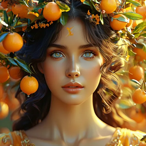 Prompt: Pomona, Ancient Roman Orange Goddess of fruit trees, gardens, and orchards, Pre-Raphaelite time-lapse motion blur Abstract* cyber graffiti, High resolution, detailed portrait, Midjourney style, ethereal atmosphere, flowing hair, captivating eyes, cosmic mystical aura, vibrant colors, soft lighting, professional, digital painting, enchanting presence, fantasy, dreamy, female, mystical, detailed hair, captivating gaze, professional lighting, hyper realistic, HD 4k 3D, professional modeling, ethereal, gorgeous face, ambient divine glow, detailed and intricate, elegant, ethereal, mythical, goddess, radiant lighting, majestic, goddesslike aura, in beautiful blooming orchard