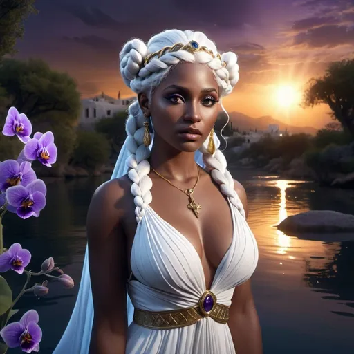 Prompt: HD 4k 3D, 8k, hyper realistic, professional modeling, ethereal Greek Goddess and Sorceress, white hair bubble braid, dark skin, gorgeous glowing face, beautiful gown, black jewelry and headpiece, River, viola flowers, magical twilight, surrounded by ambient divinity glow, detailed, elegant, mythical, surreal dramatic lighting, majestic, goddesslike aura