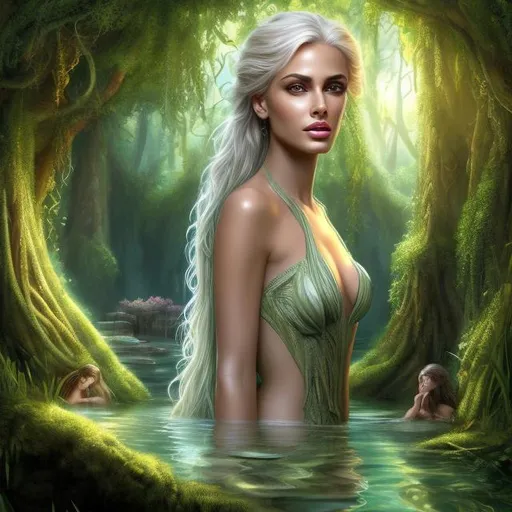 Prompt: HD 4k 3D 8k professional modeling photo hyper realistic beautiful young nymph woman ethereal greek goddess of the underworld
platinum blonde hair brown eyes olive freckled skin gorgeous face  grecian dress made from nature foliage green gemstone jewelry foliage tiara surrounded by ambient glow hd landscape background underworld cavern in a swamp
