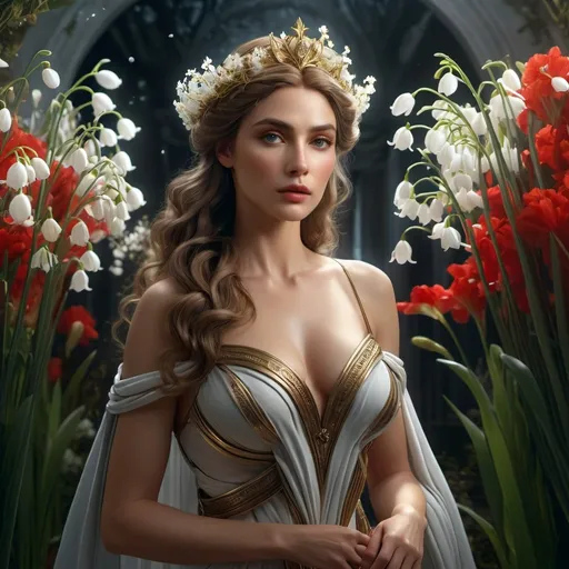 Prompt: HD 4k 3D 8k professional modeling photo hyper realistic beautiful woman English Princess ethereal greek goddess gorgeous face full body surrounded by ambient glow, snowdrop flowers vegetation, enchanted, magical, detailed, highly realistic woman, high fantasy background, elegant, mythical, surreal lighting, majestic, goddesslike aura, red and black flowers, Annie Leibovitz style 

