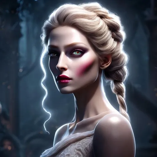 Prompt: HD 4k 3D 8k professional modeling photo hyper realistic beautiful demon woman ethereal greek goddess of ghosts, nightmares and madness
white double braided buns hair beautiful eyes pale skin gorgeous face yellow grecian dress gothic jewelry death crown full body surrounded by magical ambient glow hd landscape spooky ghosts, nightmares, moon, dark magic
