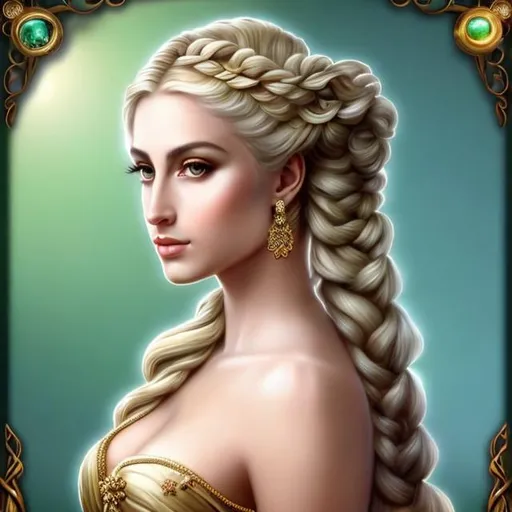 Prompt: HD 4k 3D, hyper realistic, professional modeling, ethereal Greek goddess of prosperity, blonde and green fishtail braids with goat horns, mixed skin, natural gown, gorgeous face, rustic jewelry and goat horns, full body, ambient glow, alluring earth goddess, detailed, elegant, ethereal, mythical, Greek, goddess, surreal lighting, majestic, goddesslike aura