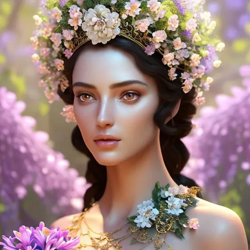 Prompt: HD 4k 3D, hyper realistic, professional modeling, ethereal group of Greek goddesses flowers and blossoms, gorgeous faces, gorgeous grecian  gowns,  jewelry and flowers crowns, nymphs, full body, ambient glow, flower blossoms, hyacinths, landscape, detailed, elegant, ethereal, mythical, Greek, goddess, surreal lighting, majestic, goddesslike aura