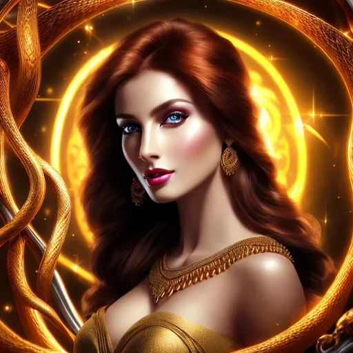 Prompt: HD 4k 3D 8k professional modeling photo hyper realistic beautiful woman ethereal greek goddess severer of life
red hair dark eyes gorgeous face brown skin elegant greek dress and jewelry cutting golden thread of life full body surrounded by ambient glow hd landscape background dark cosmos surrounded by snakes and moths
