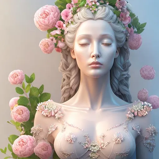 Prompt: HD 4k 3D, hyper realistic, professional modeling, ethereal Greek goddess of spring, pastel pink hair, pale skin, gorgeous face, floral embroidered gown, pastel jewelry and floral crown, full body, embodiment of Springtime, lush greenery, vegetation, and flora, detailed, elegant, ethereal, mythical, Greek, goddess, surreal lighting, majestic, goddesslike aura