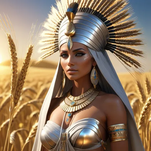 Prompt: HD 4k 3D, 8k, hyper realistic, professional modeling, ethereal Egyptian Goddess style, Harvest Goddess, beautiful, glowing tan skin, silver hair, mythical rustic outfit and jewelry, headpiece, full body, goddess of grain and weaving, Fantasy setting field of wheat, surrounded by ambient divine glow, detailed, elegant, surreal dramatic lighting, majestic, goddesslike aura, octane render, artistic and whimsical