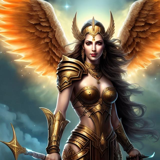 Prompt: HD 4k 3D 8k professional modeling photo hyper realistic beautiful woman ethereal greek goddess of divine retribution
orange hair dark eyes gorgeous face mixed skin elegant greek armor with whip and dagger and jewelry angel wings close up surrounded by ambient glow hd landscape background she is riding in a chariot drawn by griffins and geese are flying overhead
