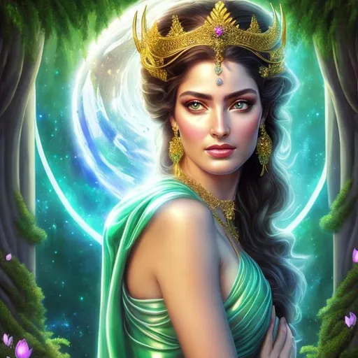 Prompt: HD 4k 3D, hyper realistic, professional modeling, ethereal Greek goddess of happiness, black hair with bull horns, fair skin, green earth gown, gorgeous face, emerald jewelry and crown, full body, ambient glow, bright spring meadow, happy, detailed, elegant, ethereal, mythical, Greek, goddess, surreal lighting, majestic, goddesslike aura