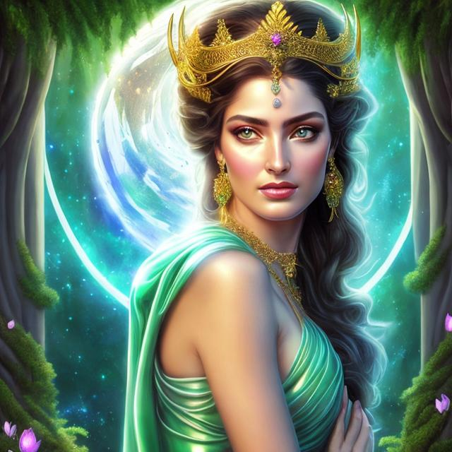 Prompt: HD 4k 3D, hyper realistic, professional modeling, ethereal Greek goddess of happiness, black hair with bull horns, fair skin, green earth gown, gorgeous face, emerald jewelry and crown, full body, ambient glow, bright spring meadow, happy, detailed, elegant, ethereal, mythical, Greek, goddess, surreal lighting, majestic, goddesslike aura