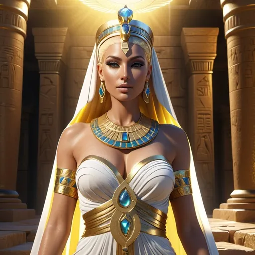 Prompt: HD 4k 3D, 8k, hyper realistic, professional modeling, ethereal Egyptian Goddess style, Puma Goddess, beautiful, waterfall oasis, glowing white skin, yellow hair, mythical gown, tiara, full body, Fantasy setting, surrounded by ambient divine glow, detailed, elegant, surreal dramatic lighting, majestic, goddesslike aura, octane render, artistic and whimsical