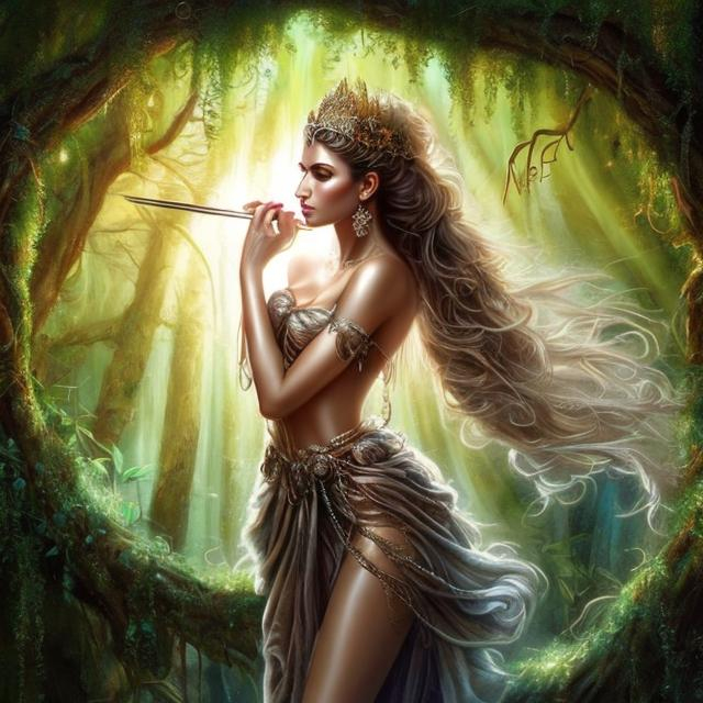 Prompt: HD 4k 3D, hyper realistic, professional modeling, ethereal raving, ecstatic Greek goddesses, brown ponytail hair, fair skin, gorgeous face, animal pelt and fur dresses , rustic jewelry and ivy tiara, full body, ambient glow, dancing in forest, landscape, detailed, elegant, ethereal, mythical, Greek, goddess, surreal lighting, majestic, goddesslike aura