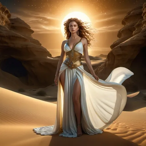 Prompt: HD 4k 3D 8k professional modeling photo hyper realistic beautiful woman enchanted Outer Space Princess of Dune, ethereal greek goddess, full body surrounded by ambient glow, enchanted, magical, highly detailed, intricate, regal, wise, enchanted outdoor fantasy landscape, highly realistic woman, high fantasy background, elegant, mythical, surreal lighting, majestic, goddesslike aura, Annie Leibovitz style 

