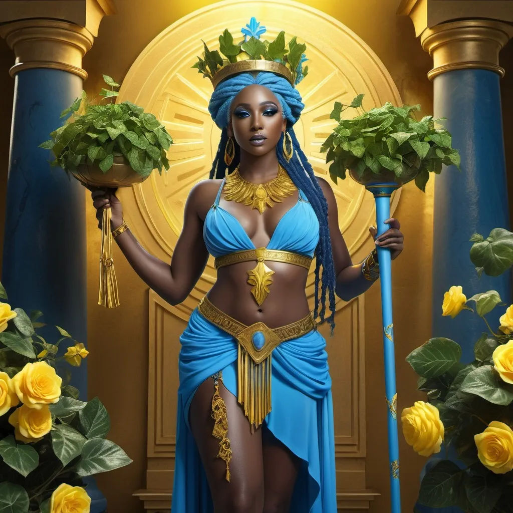 Prompt: HD 4k 3D, hyper realistic, professional modeling, ethereal Greek Muse of Comedy, bright blue hair, black skin, gorgeous face, grecian two piece outfit with boots, canary yellow jewelry and crown of ivy, full body, joyous, holding staff, flourishing vegetation, happy,  detailed, elegant, ethereal, mythical, Greek, goddess, surreal lighting, majestic, goddesslike aura