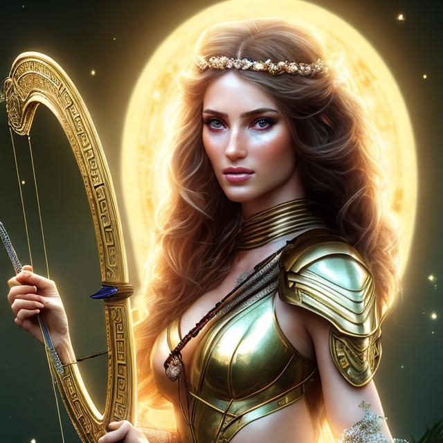 Prompt: HD 4k 3D, hyper realistic, professional modeling, ethereal Greek goddess of distance, gold ombre hair, pale freckled skin, gorgeous face, gorgeous archer armor,  rustic jewelry and headband, full body, ambient glow, archery maiden, nymph, landscape, detailed, elegant, ethereal, mythical, Greek, goddess, surreal lighting, majestic, goddesslike aura