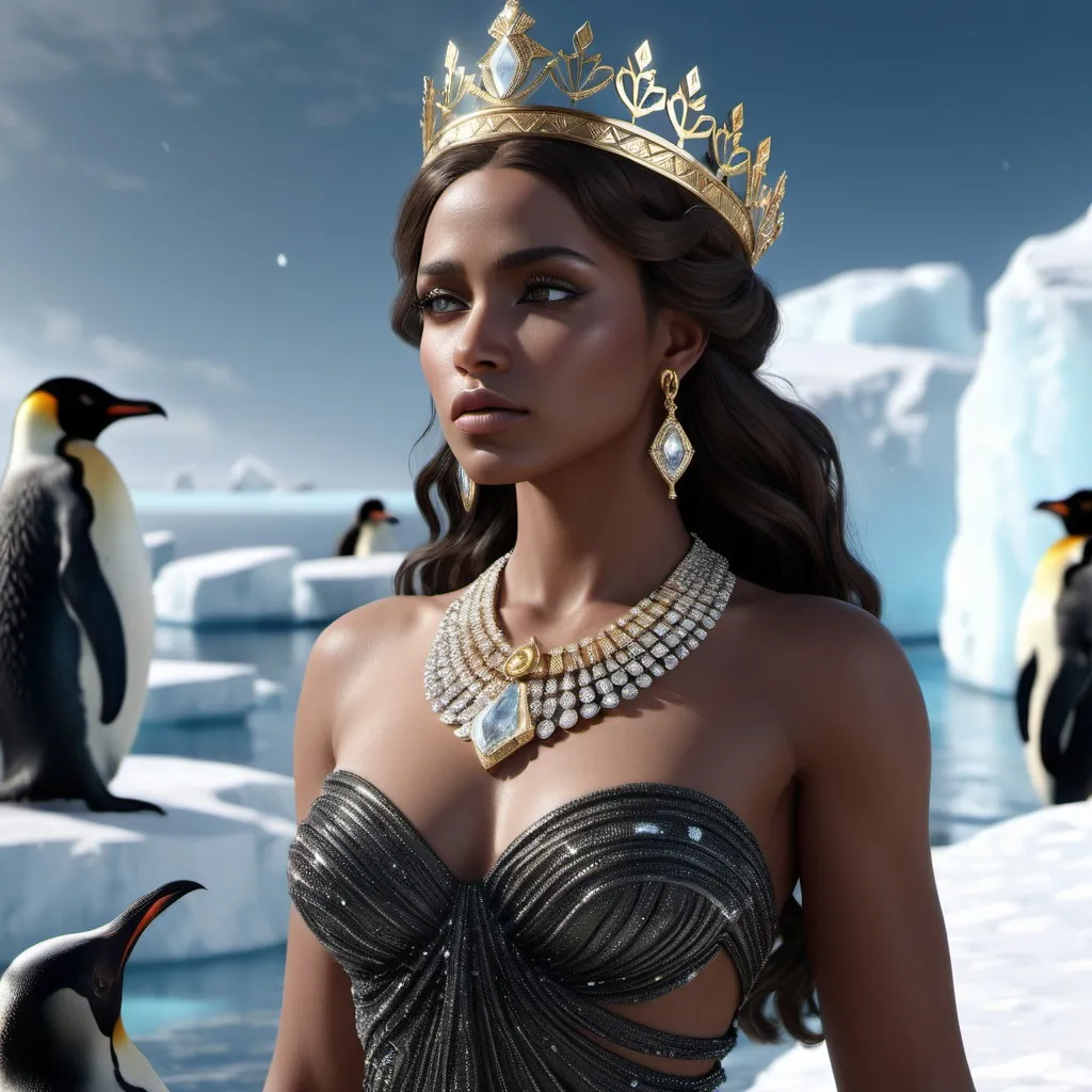 Prompt: HD 4k 3D, hyper realistic, professional modeling, ethereal Greek Muse of Memory, dark brown hair, black skin, gorgeous face, embellished shimmering dress, shiny jewelry and crown, full body, look of longing, Antarctica, cold landscape, penguins, detailed, elegant, ethereal, mythical, Greek, goddess, surreal lighting, majestic, goddesslike aura