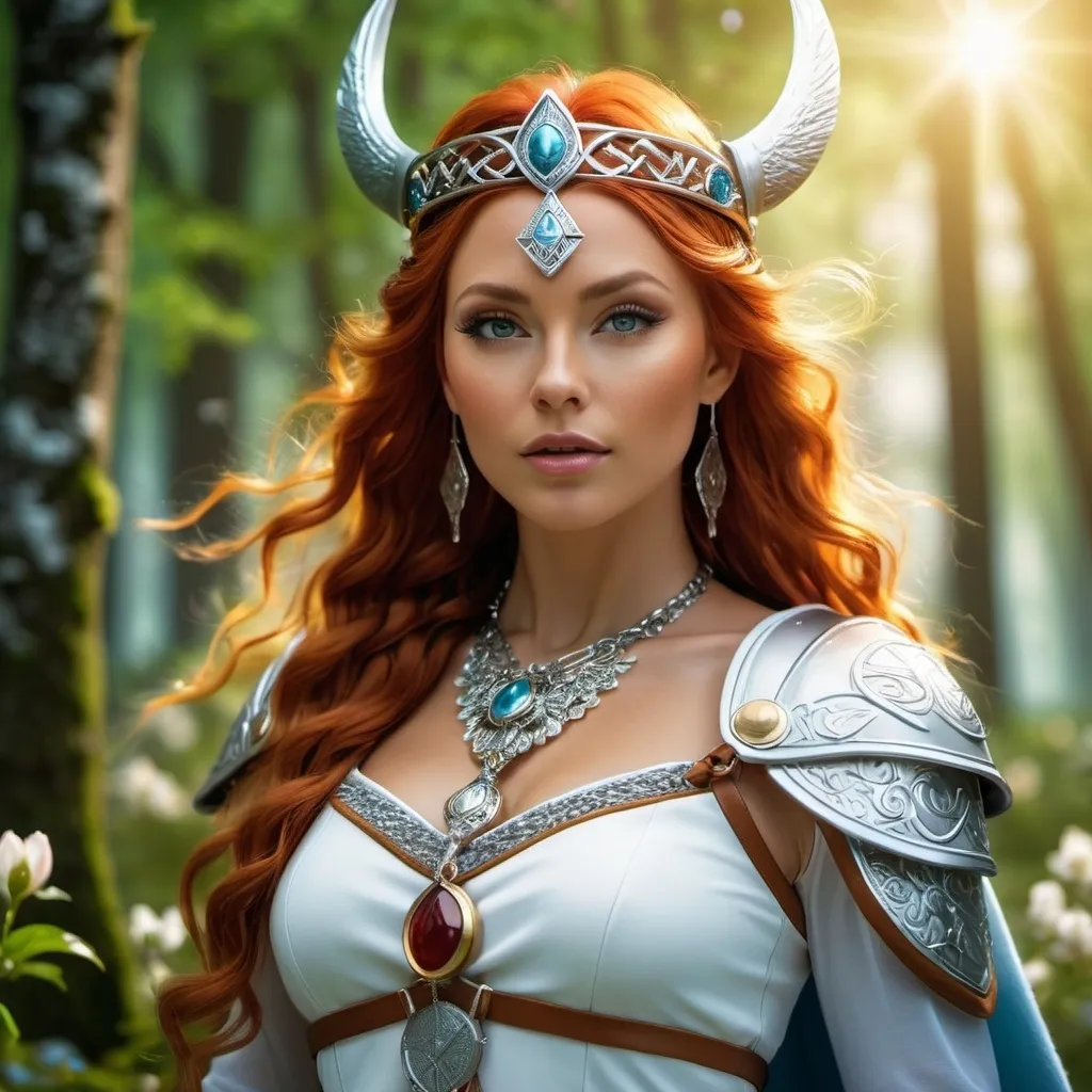 Prompt: Ilmr Norse Goddess of trees, hyper realistic, HD 4k 3D, professional modeling, ethereal, bright red hair, tan skin, gorgeous face, gorgeous jewelry and diadem, Valkyrie, in a forest of blossoming tress, ambient divine glow, detailed and intricate, elegant, ethereal, mythical, goddess, radiant lighting, majestic, goddesslike aura, Norse Viking Mythology