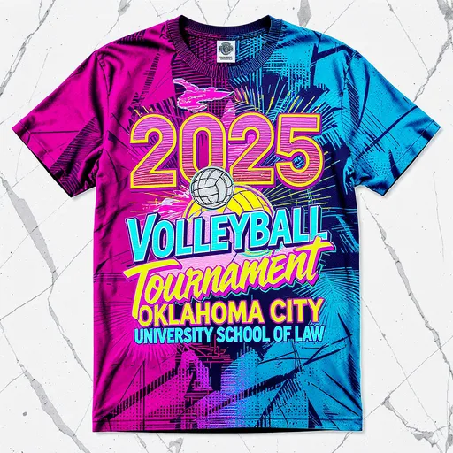 Prompt: create a shirt design for an 80s design themed beach volleyball tournament neon bright colors

Make the design say: "2025 Volleyball Tournament Oklahoma City University School of Law"