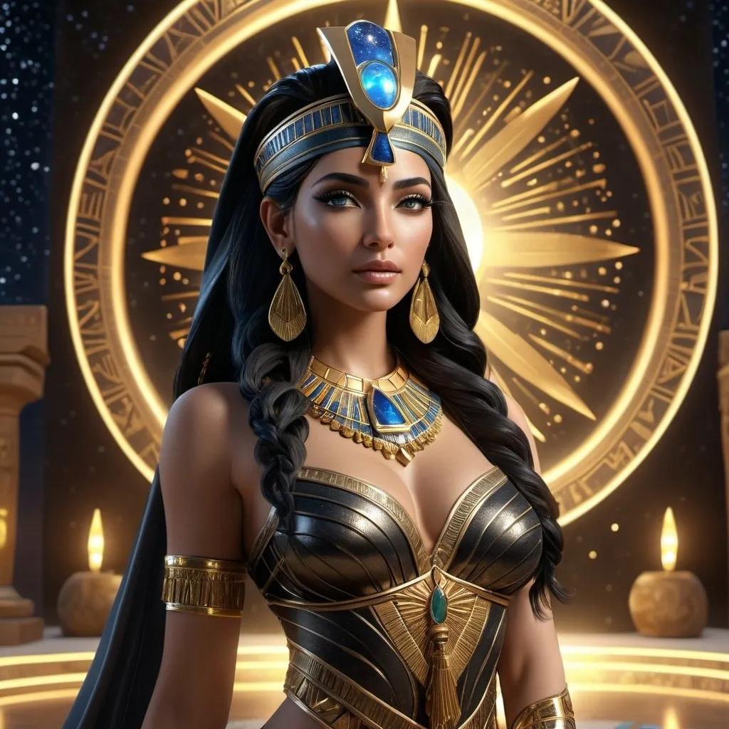 Prompt: HD 4k 3D, 8k, hyper realistic, professional modeling, ethereal Egyptian Goddess style, Goddess of the skies and heavens, beautiful, star covered gowns, glowing olive skin, black hair, mythical outfit covered in stars and jewelry, headband, full body, heavenly night sky, Fantasy setting, surrounded by ambient divine glow, detailed, elegant, surreal dramatic lighting, majestic, goddesslike aura, octane render, artistic and whimsical