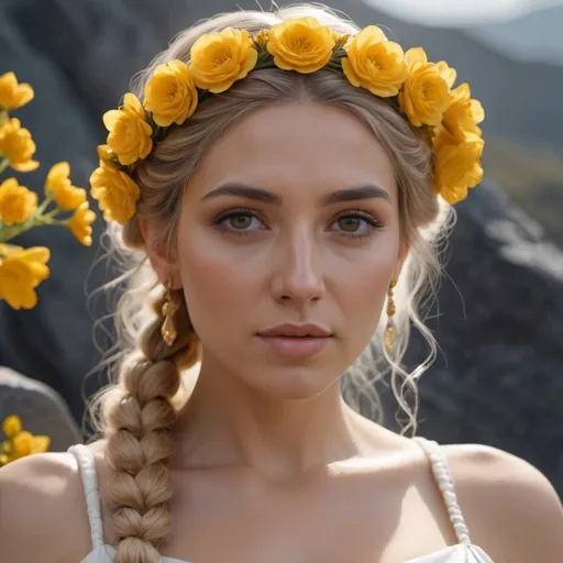 Prompt: HD 4k 3D, 8k, hyper realistic, professional modeling, ethereal Greek Goddess and Devoted Wife, orange milkmaid braid hair, beige skin, gorgeous face, bridal gown, yellow gemstone jewelry and buttercup headband, at outdoor altar, surrounded by dark gloomy background except yellow flowers and glowing goddess, surrounded by ambient divine glow, detailed, elegant, ethereal, mythical, Greek, goddess, surreal lighting, majestic, goddesslike aura
