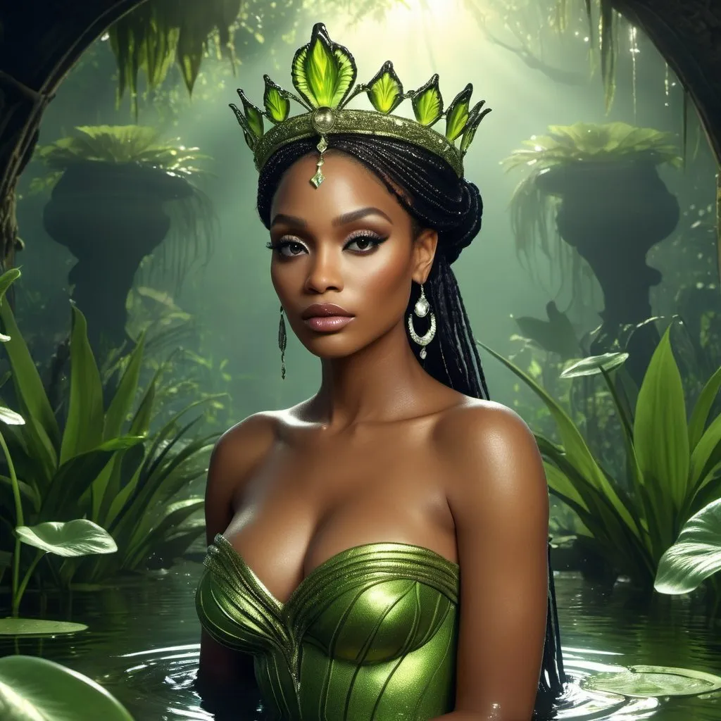 Prompt: HD 4k 3D, hyper realistic, professional modeling, enchanted black voodoo Princess - Tiana, beautiful, magical, detailed, highly realistic woman, high fantasy background, bayou, frog pond, elegant, ethereal, mythical, Greek goddess, surreal lighting, majestic, goddesslike aura, Annie Leibovitz style 