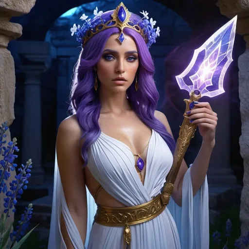 Prompt: HD 4k 3D, 8k, hyper realistic, professional modeling, ethereal Greek Goddess Vengeful Princess, purple hair, mixed skin, gorgeous glowing face, flowing amber dress, blue gemstone jewelry and headpiece, vengeful, holding a dagger outside a tomb, bluebonnets, bloody, surrounded by ambient divinity glow, detailed, elegant, mythical, surreal dramatic lighting, majestic, goddesslike aura