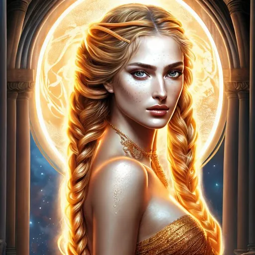 Prompt: HD 4k 3D, hyper realistic, professional modeling, ethereal Greek goddess "the bringer", orange and blonde dutch braids, fair freckled skin, alluring gown, gorgeous face, modest jewelry and diadem, full body, ambient glow, alluring goddess with scorpion tattoo, bringer of water, detailed, elegant, ethereal, mythical, Greek, goddess, surreal lighting, majestic, goddesslike aura
